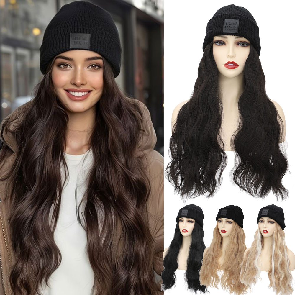 Knit Beanie Hat Warm - S-noilite หมวกสังเคราะห์วิกผม Beanies หมวกผมวิกผมผู้หญิงสั้นตรงผมหยัก WARM Plush
