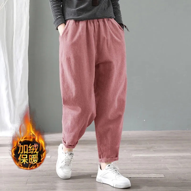 Corduroy Pant Warm - กางเกงฮาเร็มผ้าคอร์ดูรอยสำหรับผู้หญิง เอวยางยืด บุด้วยผ้าฟลีซ ทรงหลวม ใส่สบาย อบอุ่น